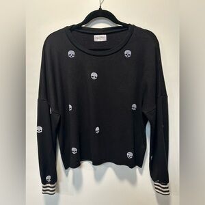 LAUREN MOSHI Black Mini Skull Print Sweatshirt Top Size XS Grunge Rock Edgy Raw